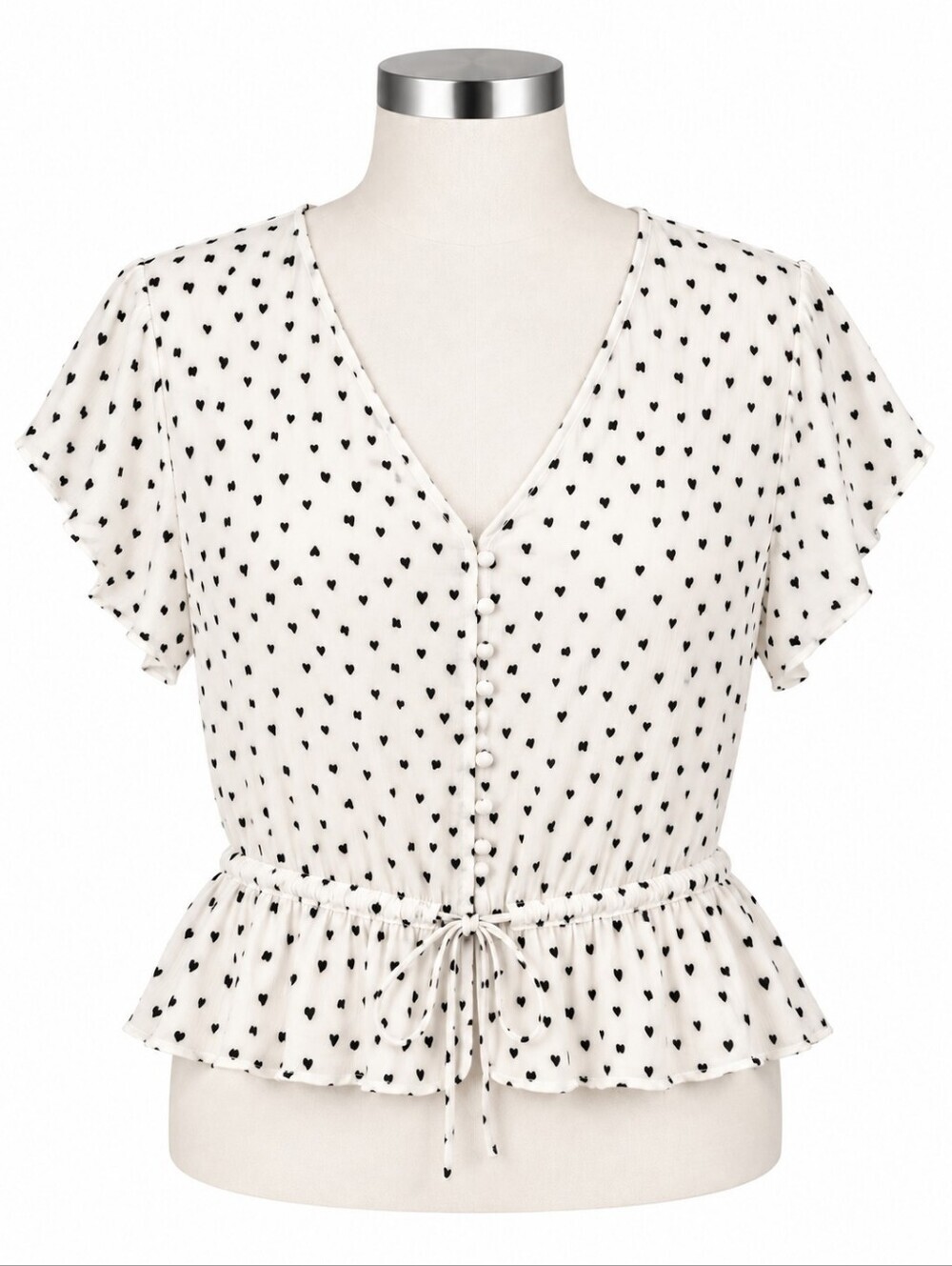 Rails Bretton Black Hearts Print Button Down Peplum Top Sz M Casual Romantic
